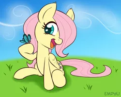 Size: 1000x800 | Tagged: safe, artist:empyu, derpibooru import, fluttershy, butterfly, pegasus, pony, 30 minute art challenge, cute, female, filly, folded wings, grass, happy, head turn, hoof hold, looking at something, open mouth, raised hoof, shyabetes, sitting, smiling, solo, three quarter view, younger