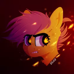 Size: 1080x1080 | Tagged: safe, artist:dino_horse, banned from derpibooru, deleted from derpibooru, derpibooru import, scootaloo, pony, angry, blood, bust, cut, female, fire, mare, png, savage, solo, wingding eyes