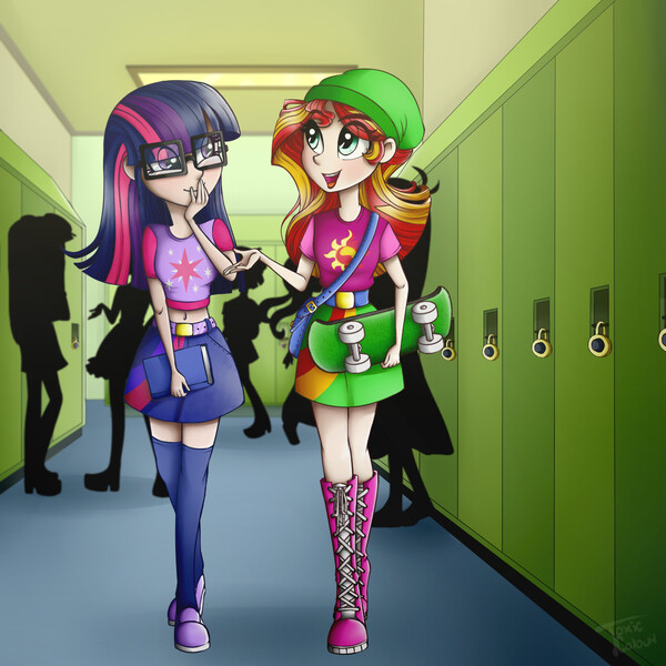 Size: 1412x1412 | Tagged: safe, artist:toxiccolour, derpibooru import, sci-twi, sunset shimmer, twilight sparkle, human, equestria girls, alternate costumes, alternate universe, beanie, book, cutie mark on clothes, female, hat, human counterpart, human sunset, humanized, lesbian, looking at each other, request, requested art, scitwishimmer, shipping, skateboard, sunsetsparkle, talking