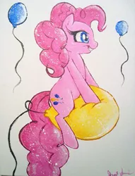 Size: 305x400 | Tagged: safe, artist:prettypinkpony, derpibooru import, pinkie pie, earth pony, pony, acrylic painting, balloon, balloon sitting, female, simple background, solo, traditional art, white background