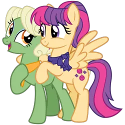 Size: 3200x3200 | Tagged: safe, artist:cheezedoodle96, derpibooru import, idw, aunt holiday, auntie lofty, earth pony, pegasus, pony, ponyville mysteries, spoiler:comic, spoiler:comicponyvillemysteries3, .svg available, alternate design, clothes, couple, eye contact, female, hoof on chest, hug, idw showified, lesbian, lofty day, looking at each other, mare, rearing, scarf, shipping, simple background, spread wings, svg, transparent background, vector, wings