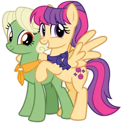 Size: 3200x3200 | Tagged: safe, alternate version, artist:cheezedoodle96, derpibooru import, idw, aunt holiday, auntie lofty, earth pony, pegasus, pony, ponyville mysteries, spoiler:comic, spoiler:comicponyvillemysteries3, .svg available, alternate design, clothes, couple, digital art, female, high res, hoof on chest, hug, idw showified, lesbian, lofty day, looking at you, mare, rearing, scarf, shipping, simple background, smiling, spread wings, svg, transparent background, vector, wings