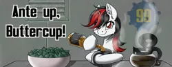 Size: 1600x619 | Tagged: safe, artist:ravvij, derpibooru import, oc, oc:blackjack, unicorn, fallout equestria, fallout equestria: project horizons, alcohol, black and red, bowl, cafeteria, challenge, cheek fluff, chips, coffee, coffee pot, commission, cup, cuppa, cute, fallout, fanfic art, female, food, grin, image, mare, metal, mug, png, pot, red and black oc, small horn, smiling, smug, soilent green, solo, steam, table, whiskey, wild pegasus