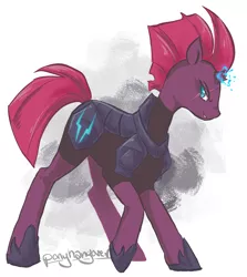 Size: 1616x1808 | Tagged: safe, artist:ponyhangover, derpibooru import, tempest shadow, pony, unicorn, armor, broken horn, eye scar, female, glowing horn, looking at you, mare, scar, side view, signature, simple background, smiling, smirk, solo, sparking horn, squint
