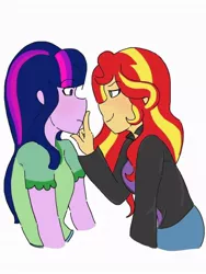 Size: 768x1024 | Tagged: safe, artist:horsegirlpodcast, derpibooru import, sunset shimmer, twilight sparkle, equestria girls, alternate costumes, alternate universe, female, lesbian, looking at each other, sexual tension, shipping, smiling, sunsetsparkle