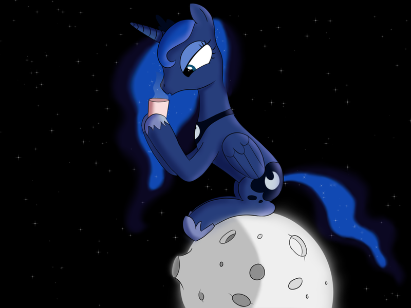 Size: 1024x768 | Tagged: alicorn, artist:tech--pony, coffee, coffee mug, derpibooru import, female, mare, moon, mug, princess luna, safe, solo, space, stars, tangible heavenly object