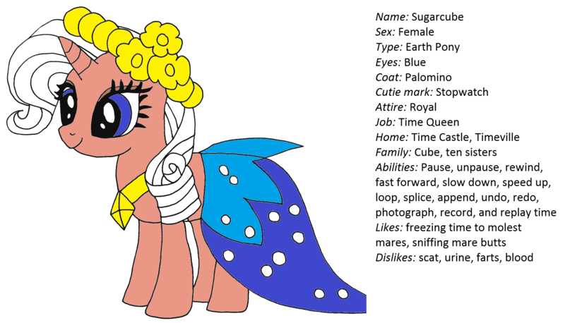 Size: 1838x1052 | Tagged: safe, derpibooru import, oc, oc:sugarcube, unofficial characters only, earth pony, pony, unicorn, clothes, dress, female, flower, flower in hair, jewelry, mare, mary sue, pendant, recolor, reference sheet, solo, text, time stop