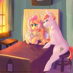 Size: 894x894 | Tagged: safe, artist:spazzyhippie, derpibooru import, fluttershy, oc, oc:clover, oc:golden horseshoe, oc:lucky charm, pegasus, pony, unicorn, baby, baby pony, bed, canon x oc, colt, cute, family, female, filly, flucky, hospital, hospital bed, male, married couple, newborn, offspring, parent:fluttershy, parent:oc:lucky charm, parents:canon x oc, parents:flucky, swaddling