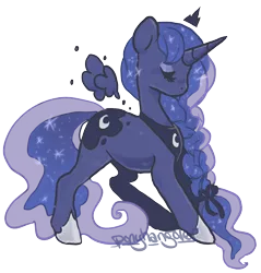 Size: 1436x1500 | Tagged: safe, artist:ponyhangover, derpibooru import, princess luna, alicorn, pony, alternate hairstyle, bow, braid, cutie mark, ethereal mane, ethereal tail, eyes closed, female, floating crown, floating wings, hair bow, jewelry, mare, ponytail, regalia, simple background, solo, starry mane, transparent background