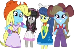 Size: 7029x4662 | Tagged: safe, artist:punzil504, derpibooru import, beauty brass, blewgrass, fiddlesticks, octavia melody, pitch perfect, equestria girls, equestria girls series, five to nine, absurd resolution, alternate costumes, apple family member, clothes, cowboy hat, cowgirl, cowgirl outfit, equestria girls-ified, female, hat, looking at you, overalls, quartet, simple background, skirt, smiling, stetson, transparent background, wip