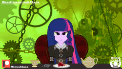 Size: 950x534 | Tagged: semi-grimdark, artist:minusclass, derpibooru import, twilight sparkle, equestria girls, alice madness returns, animated, blinking, chains, cup, expressionless face, gears, heart (organ), organs, patreon, patreon logo, solo, teacup, teapot