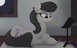 Size: 1920x1200 | Tagged: artist:soctavia, bowtie, cheek fluff, chest fluff, derpibooru import, despacito, female, lying down, mare, messy mane, moon, moonlight, mouth hold, music stand, octavia melody, pencil, rug, safe, shelf, solo, turntable