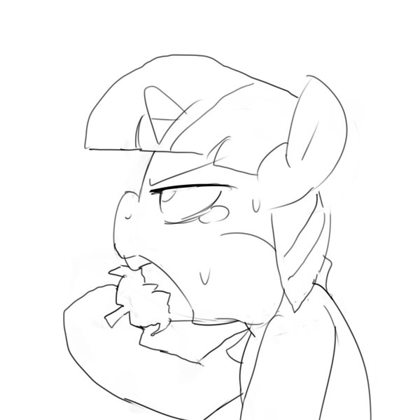 Size: 2000x2000 | Tagged: suggestive, artist:baigak, derpibooru import, twilight sparkle, pony, black and white, eating, eggplant, female, food, grayscale, human shoulders, mare, monochrome, not porn, simple background, sketch, solo, suggestive eating, sweat, white background