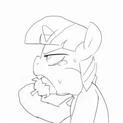 Size: 2000x2000 | Tagged: suggestive, artist:baigak, derpibooru import, twilight sparkle, pony, black and white, eating, eggplant, female, food, grayscale, human shoulders, mare, monochrome, not porn, simple background, sketch, solo, suggestive eating, sweat, white background