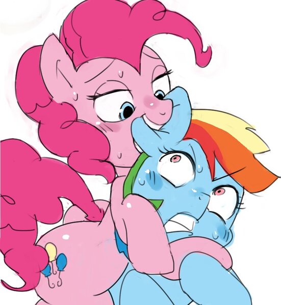 Size: 850x925 | Tagged: suggestive, artist:baigak, derpibooru import, pinkie pie, rainbow dash, earth pony, pegasus, pony, bedroom eyes, biting, blushing, ear bite, female, lesbian, mare, pinkiedash, shipping, simple background, sweat, white background