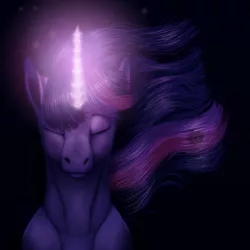 Size: 922x921 | Tagged: safe, artist:alphafury, derpibooru import, twilight sparkle, twilight sparkle (alicorn), alicorn, pony, black background, dark, eyes closed, female, glow, glowing horn, magic, mare, simple background, sitting, solo