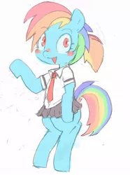 Size: 891x1200 | Tagged: safe, artist:baigak, derpibooru import, rainbow dash, alternate hairstyle, bipedal, blushing, clothes, cute, dashabetes, looking at you, miniskirt, moe, necktie, pleated skirt, ponytail, school uniform, simple background, skirt, solo, waving, white background, wingless