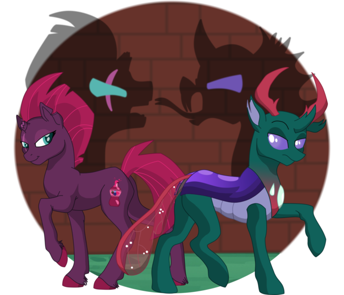 Size: 1024x878 | Tagged: safe, artist:faitheverlasting, derpibooru import, fizzlepop berrytwist, pharynx, tempest shadow, changedling, changeling, pony, unicorn, brick wall, broken horn, crack shipping, female, horn, looking at each other, male, prince pharynx, shipping, simple background, straight, tempynx, transparent background