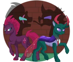 Size: 1024x878 | Tagged: safe, artist:faitheverlasting, derpibooru import, fizzlepop berrytwist, pharynx, tempest shadow, changedling, changeling, pony, unicorn, brick wall, broken horn, crack shipping, female, horn, looking at each other, male, prince pharynx, shipping, simple background, straight, tempynx, transparent background