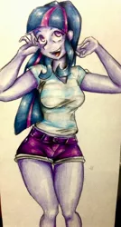 Size: 1652x3089 | Tagged: safe, artist:nolyanimeid, derpibooru import, twilight sparkle, equestria girls, clothes, female, midriff, open mouth, shirt, shorts, simple background, solo, traditional art, white background