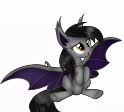 Size: 938x851 | Tagged: safe, artist:grimm821525, derpibooru import, oc, oc:soprano, bat pony, pony, fangs, female, mare, simple background, sitting, solo, white background