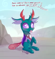 Size: 1472x1600 | Tagged: safe, artist:dsp2003, derpibooru import, pharynx, changedling, changeling, 30 minute art challenge, :p, blushing, chibi, cloud, comic, cute, cuteling, dsp2003 is trying to murder us, eyelashes, floppy ears, forked tongue, hnnng, male, pharybetes, prince pharynx, raised hoof, shiny, silly, single panel, sitting, smiling, solo, sparkles, speech bubble, starry eyes, text, tongue out, u lil shid, wat, wingding eyes