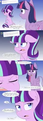 Size: 1000x2800 | Tagged: safe, derpibooru import, starlight glimmer, twilight sparkle, twilight sparkle (alicorn), alicorn, pony, unicorn, series:glimmering spectacle, annoyed, comic, dialogue, leonine tail, sitting, tumblr