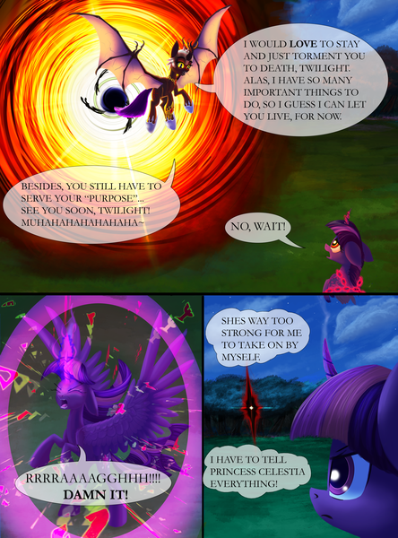 Size: 3624x4899 | Tagged: accretion disk, alicorn, amulet, armor, artist:malajahr, bat wings, black hole, bound, bound wings, breaking free, chains, cloud, comic, comic:curse and madness, cultist, dark, derpibooru import, explosion, forest, gauntlet, helmet, magic, magical bondage, magic suppression, membranous wings, mlpcam, night, oc, oc:fallenlight, peytral, portal, safe, sky, smoking horn, spaghettification, stars, text bubbles, twilight sparkle, twilight sparkle (alicorn), universe sandbox