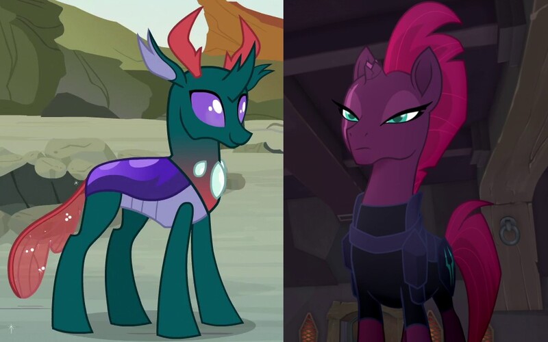 Size: 1019x637 | Tagged: armor, broken horn, changedling, changeling, crack shipping, derpibooru import, edit, edited screencap, eye scar, female, mare, my little pony: the movie, pharynx, prince pharynx, safe, scar, screencap, shipping, shipping domino, smiling, tempest shadow, tempynx, to change a changeling