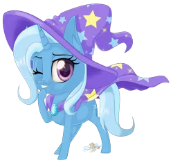 Size: 800x753 | Tagged: safe, artist:unisoleil, derpibooru import, trixie, pony, unicorn, cape, chibi, clothes, cute, diatrixes, female, hat, mare, one eye closed, simple background, solo, transparent background, trixie's cape, trixie's hat, wink