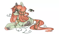 Size: 2000x1168 | Tagged: safe, artist:marsimmortal, derpibooru import, oc, oc:atsuko, earth pony, pony, adoptable, brown eyes, green coat, hime cut, jewelry, necklace, redhead, tail wrap, unshorn fetlocks, vine