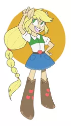 Size: 1840x3294 | Tagged: safe, artist:lemon-deadly, derpibooru import, applejack, equestria girls, alternate hairstyle, boots, clothes, cowboy boots, cowboy hat, cute, denim skirt, female, freckles, hat, hatless, missing accessory, open mouth, ponied up, simple background, skirt, solo, stetson