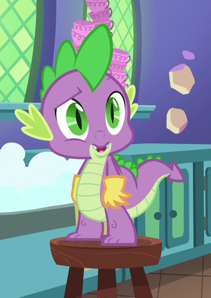 Size: 498x704 | Tagged: all bottled up, claws, clothes, cropped, derpibooru import, dishes, dragon, gloves, male, safe, screencap, season 7, spike, tail