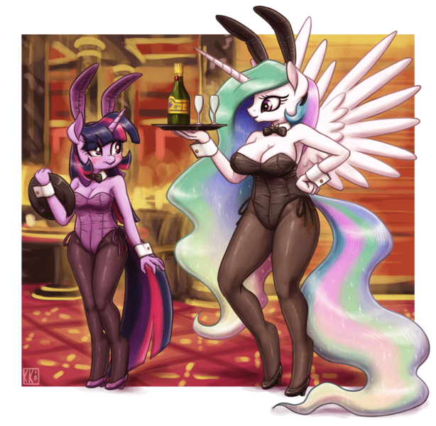 Size: 2000x1955 | Tagged: suggestive, artist:king-kakapo, derpibooru import, princess celestia, twilight sparkle, alicorn, anthro, unguligrade anthro, unicorn, alcohol, armpits, blushing, bottle, bowtie, breasts, bunny ears, bunny suit, bunnylestia, busty princess celestia, busty twilight sparkle, champagne, clothes, cuffs (clothes), cup, drink, duo, duo female, female, high heels, leotard, mare, pantyhose, playboy bunny, scrunchy face, shoes, simple background, spread wings, transparent background, tray, waitress, wings