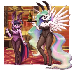 Size: 2000x1955 | Tagged: suggestive, artist:king-kakapo, derpibooru import, princess celestia, twilight sparkle, alicorn, anthro, unguligrade anthro, unicorn, alcohol, armpits, blushing, bottle, bowtie, breasts, bunny ears, bunny suit, bunnylestia, busty princess celestia, busty twilight sparkle, champagne, clothes, cuffs (clothes), cup, drink, duo, duo female, female, high heels, leotard, mare, pantyhose, playboy bunny, scrunchy face, shoes, simple background, spread wings, transparent background, tray, waitress, wings