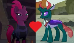 Size: 1019x597 | Tagged: armor, broken horn, changedling, changeling, crack shipping, derpibooru import, edit, edited screencap, eye scar, my little pony: the movie, pharynx, prince pharynx, safe, scar, screencap, shipping, shipping domino, tempest shadow, tempynx, to change a changeling