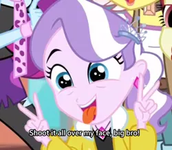 Size: 1168x1024 | Tagged: suggestive, derpibooru import, edit, edited screencap, screencap, diamond tiara, mystery mint, vignette valencia, equestria girls, equestria girls series, rollercoaster of friendship, caption, cropped, hentai quotes, implied facial, solo focus