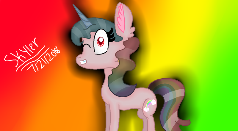 Size: 1505x827 | Tagged: safe, artist:mlpfan2017, derpibooru import, oc, oc:skyler, unofficial characters only, unicorn, female, happy, long mane, long tail, mare, one eye closed, rainbow background, rainbow hair, smiling, solo, wavy mane, wink