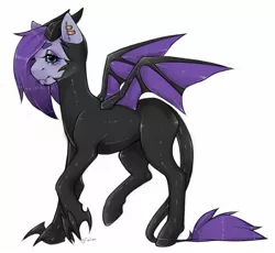 Size: 1590x1465 | Tagged: artist:jiiaixx, bat wings, claws, demon, demon pony, derpibooru import, edgy, fangs, femboy, horns, latex, male, oc, oc:bottom out, piercing, rubber, rubber pony, safe, simple background, solo, trap, unofficial characters only, white background