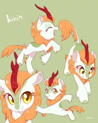 Size: 960x1200 | Tagged: safe, artist:sion, derpibooru import, autumn blaze, kirin, sounds of silence, :p, awwtumn blaze, cute, female, green background, silly, simple background, smiling, tongue out