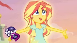 Size: 1280x720 | Tagged: safe, derpibooru import, screencap, sunset shimmer, equestria girls, my past is not today, equestria girls logo, glow, happy, singing, smiling, sunshine shimmer, youtube thumbnail