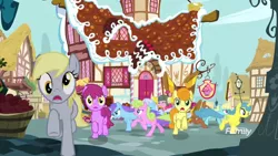 Size: 1278x719 | Tagged: safe, derpibooru import, screencap, berry punch, berryshine, bunny moon, carrot top, coco crusoe, derpy hooves, golden harvest, lemon hearts, orchid dew, pinkie pie, earth pony, pegasus, pony, unicorn, yakity-sax, background pony, discovery family logo, female, herd, male, mare, running, scared, stallion, sunshine hearts, wrong eye color, yovidaphone