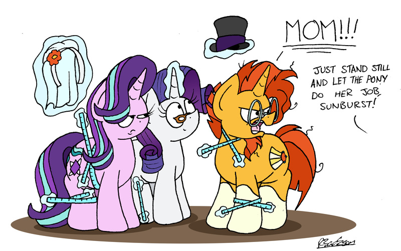 Size: 2422x1517 | Tagged: safe, artist:bobthedalek, derpibooru import, rarity, starlight glimmer, sunburst, pony, unicorn, angry, atg 2018, beard, digital art, facial hair, female, glasses, glowing horn, hat, implied stellar flare, magic, magic aura, male, mare, measuring tape, mothers gonna mother, newbie artist training grounds, offscreen character, shipper flare, shipper on deck, shipperity, shipping, signature, simple background, stallion, starburst, starlight is not amused, straight, sunburst is not amused, telekinesis, top hat, trio, unamused, wedding veil, white background