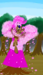 Size: 800x1400 | Tagged: safe, artist:horsesplease, derpibooru import, capper dapperpaws, pinkie pie, cat, dryad, my little pony: the movie, cherry blossoms, clothes, crying, dress, flower, flower blossom, forest, grin, happy, help me, horrified, hug, meow, paint tool sai, petals, pink, sakura pie, scared, screaming, smiling, species swap, squee, story included, trapped, tree, xd