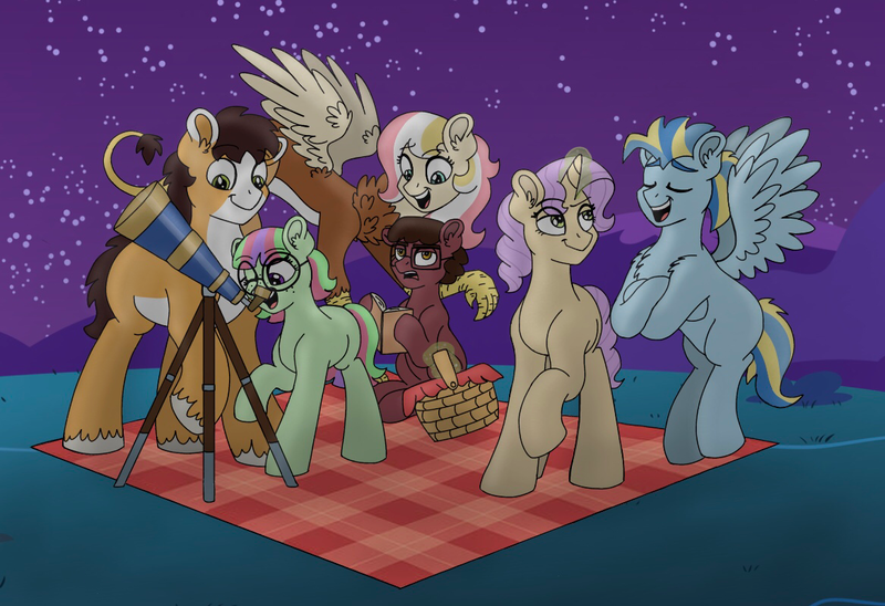 Size: 1167x799 | Tagged: safe, artist:pastel-charms, derpibooru import, oc, oc:champion, oc:harmonic chord, oc:lucky horseshoe, oc:pansy everfree, oc:rock candy, oc:sonata glazed, unofficial characters only, draconequus, earth pony, hybrid, pegasus, pony, unicorn, adopted offspring, female, interspecies offspring, male, mare, night, offspring, parent:applejack, parent:cheese sandwich, parent:discord, parent:donut joe, parent:fluttershy, parent:pinkie pie, parent:rainbow dash, parent:rarity, parent:soarin', parent:troubleshoes clyde, parent:twilight sparkle, parents:cheesepie, parents:discoshy, parents:rarijoe, parents:soarindash, parents:troublejack, stallion, telescope