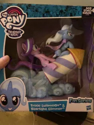 Size: 960x1280 | Tagged: box, derpibooru import, fan series, finger, guardians of harmony, hasbro, irl, photo, rocket, safe, starlight glimmer, toy, trixie, trixie's rocket