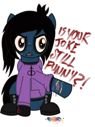 Size: 1200x1600 | Tagged: semi-grimdark, artist:toyminator900, derpibooru import, oc, ponified, ponified:oliver sykes, earth pony, pony, undead, zombie, zombie pony, .svg available, bags under eyes, bleeding, blood, blood stains, bloodshot eyes, boots, bring me the horizon, clothes, colored pupils, colored sclera, cutting, dripping blood, drop dead clothing, edgy, emo, eyeliner, eyeshadow, fangs, gloves, hair over one eye, hoodie, indifferent, lidded eyes, lip piercing, long sleeves, looking at you, makeup, male, messy mane, messy tail, piercing, rainbow blood, raised hoof, scar, self harm, shirt, shoes, simple background, sitting, socks, solo, stallion, stitches, tattered, tattoo, text, torn ear, transparent background, undershirt, vector, yes