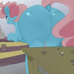 Size: 1525x1525 | Tagged: suggestive, artist:askcanadash, color edit, derpibooru import, edit, cup cake, oc, oc:anon, pony, bedroom eyes, colored, dock, giant pony, huge butt, large butt, macro, micro, plot, plump, simple background, size difference, the ass was fat, thick cup cake