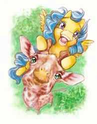 Size: 500x640 | Tagged: safe, artist:annapommes, derpibooru import, tall tales, giraffe, pegasus, pony, cute, g1, giddy, happy, horns, looking at you, looking up, muzzle, perspective