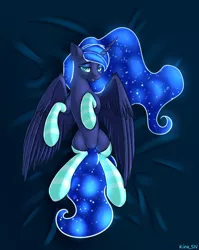 Size: 1192x1500 | Tagged: suggestive, artist:kirasunnight, derpibooru import, princess luna, alicorn, pony, bedroom eyes, blue eyes, blue mane, clothes, ethereal mane, female, floppy ears, flowing mane, flowing tail, horn, image, lidded eyes, looking at you, lying down, mare, on back, open mouth, png, simple background, smiling, socks, solo, solo female, starry mane, striped socks, tail, wings